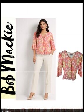 Bob Mackie 100% silk blouse with a pink, peach, and yellow retro floral print. 6